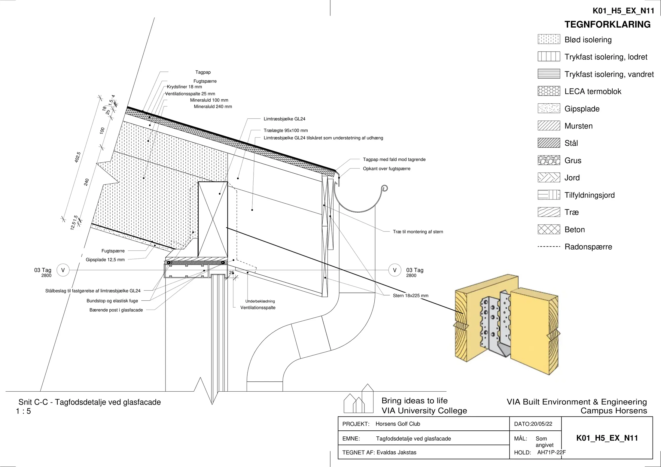 Bygningsdetalje i 1:5 — tagfod ved glasfacade med stålbeslag vist i 3D